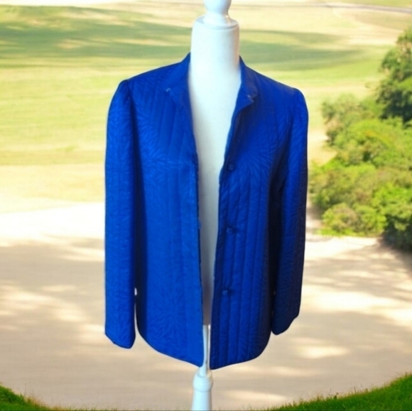 Vtg Chez Soie 100% silk quilted asian style chic lightweight blue blazer sz M - Picture 1 of 8